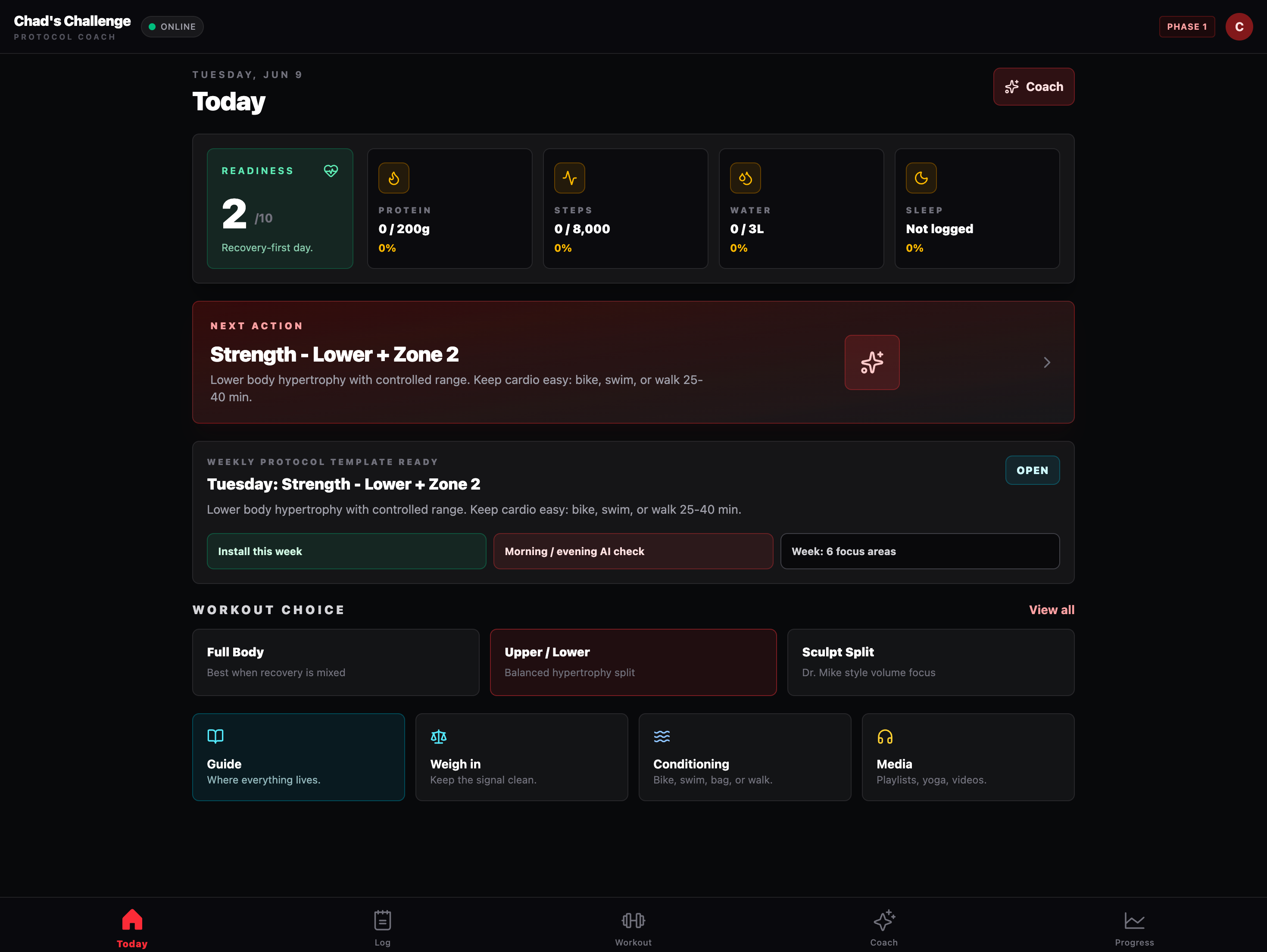 Chad's Challenge — full app view showing the Today dashboard, metrics, and workout planning interface