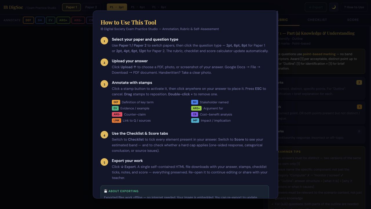 IB Exam Practice Studio instructions explaining the student workflow