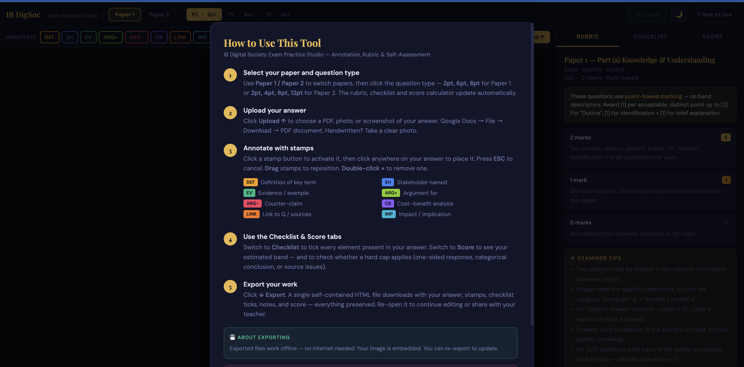 DigSoc Response Studio — 7-step guided workflow with inline annotation and rubric self-assessment